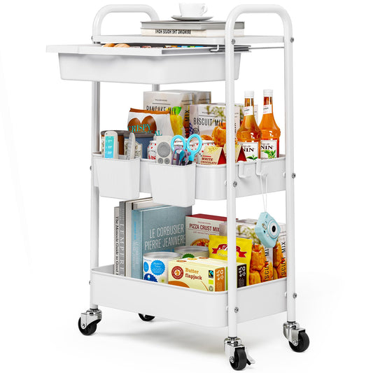 3 Tier Metal Rolling Utility Cart with Drawer & Lockable Wheels - Heavy Duty Multifunctional Storage Organizer with 2 Cups and 4 Hooks for Bathroom, Kitchen, Snack, Craft, Makeup, Baby Essentials