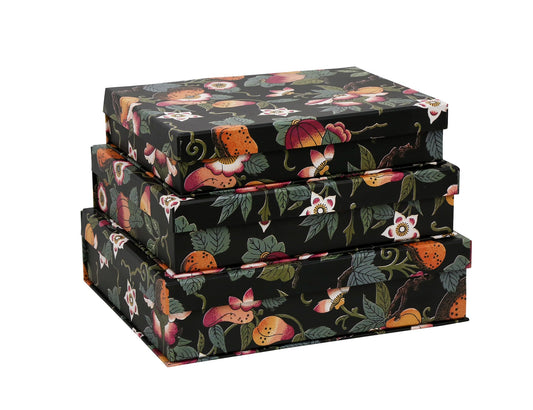 MIZFRUZZY 3-Piece Decorative Storage Boxes with Lids, Dark Botanical Floral & Fruit Pattern, Sturdy Cardboard Keepsake Boxes, Stackable Memory Storage Boxes for Home Decor & Display
