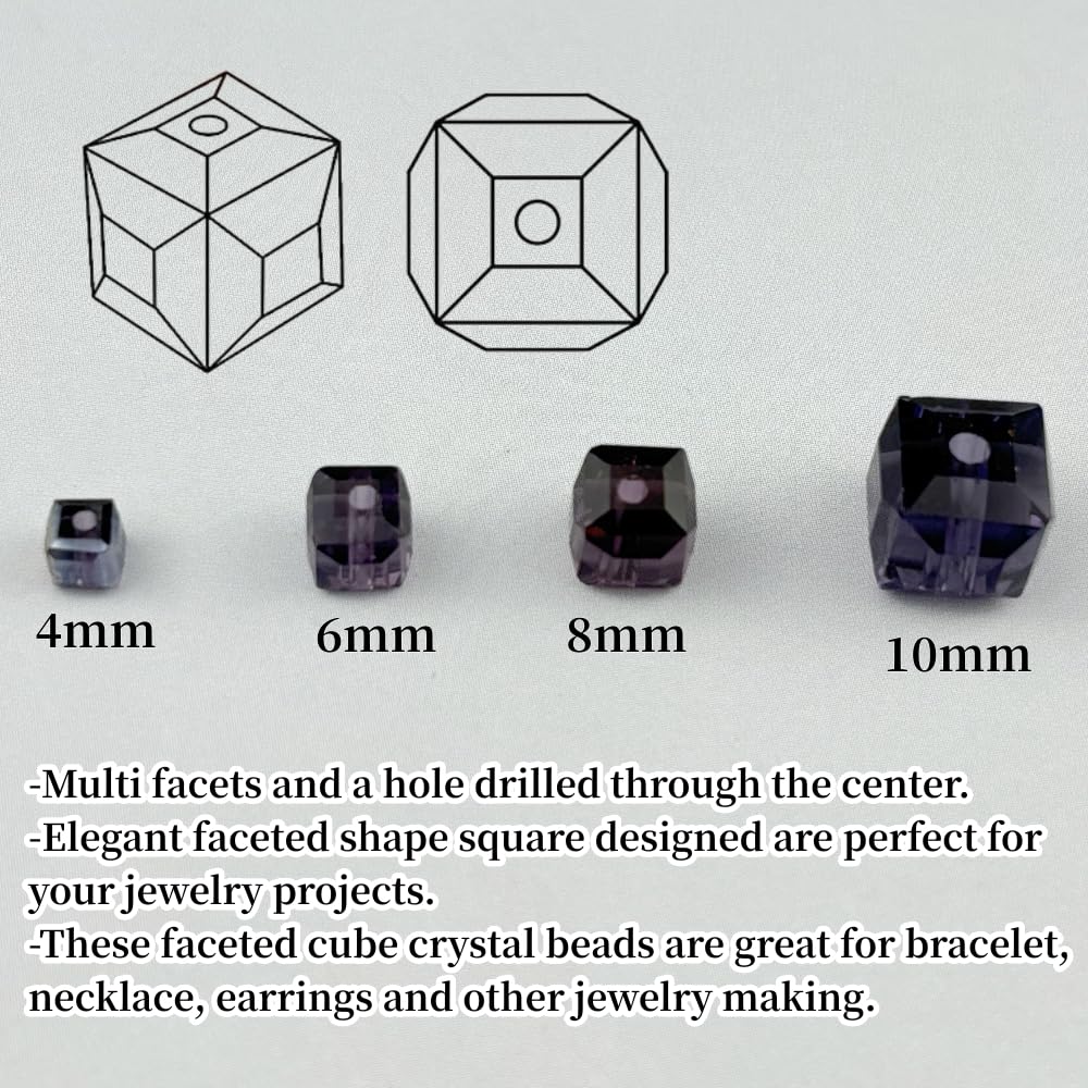 YUEXIGO 100pcs 6mm Cube Crystal Glass Beads for Jewelry Making Faceted Square Crystal Glass Bead Spacer Beads Loose Beads for Bracelet Earring Necklace DIY Craft(Violet)
