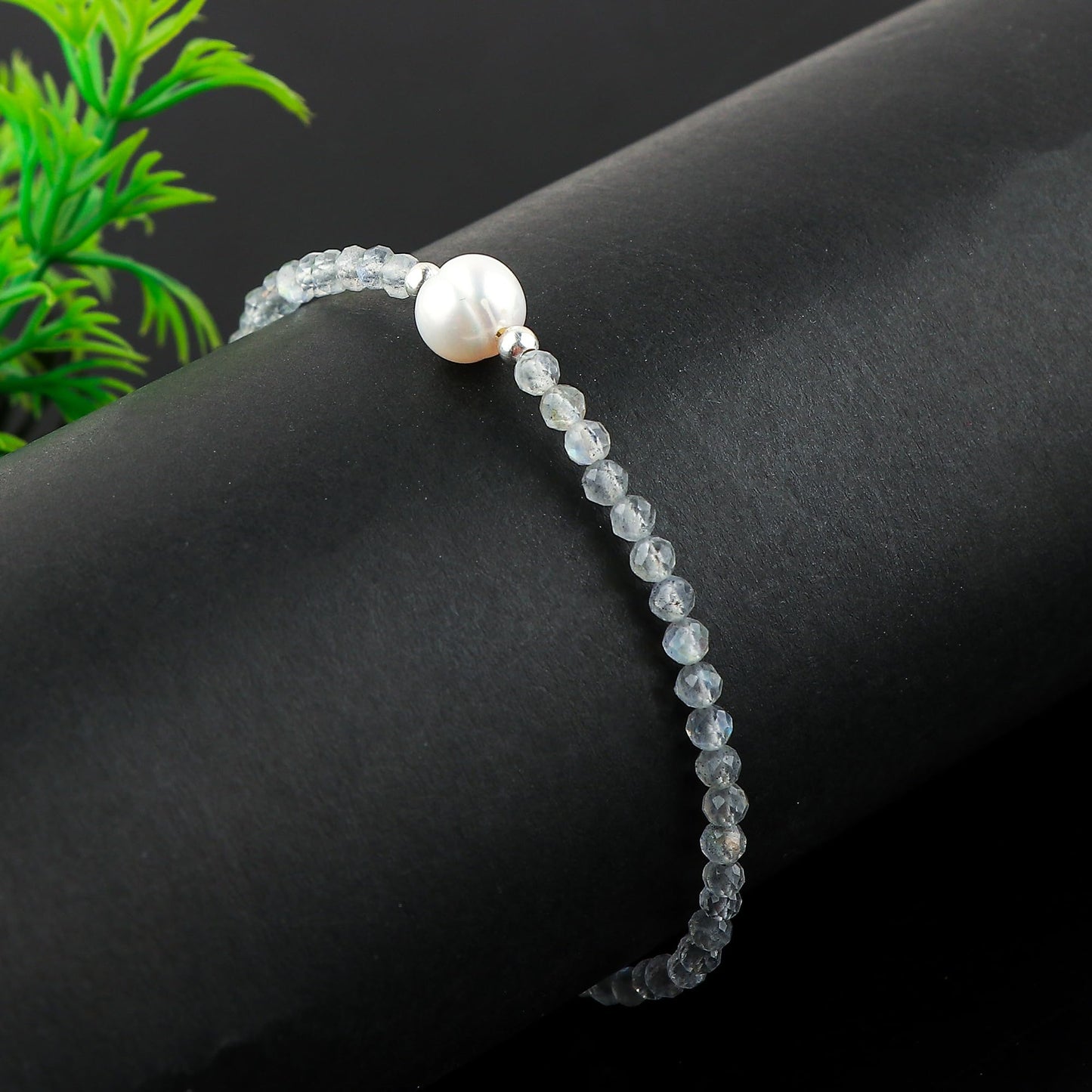 CRYSTALINES Natural Labradorite Gemstone Bracelet, Cultured Pearls Beads Stones, Handmade Hypoallergenic Boho Jewelry for Women, Healing Crystals, Adjustable Silver Plated 7+1inch, Birthday Gift