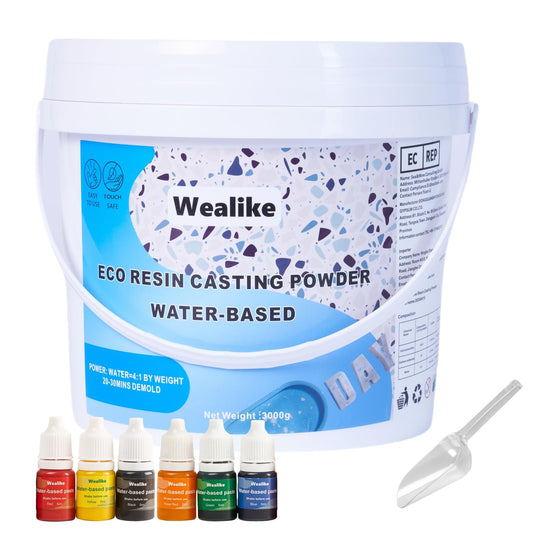 Wealike Eco Resin Casting Powder 6.6lbs/3000G,Water-Based Ceramic Resin Plaster with 6PCS Pigments,20-30 Minutes Demold.Easy Mix for Home Decor &DIY Art