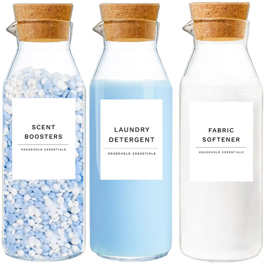 Glass Laundry Detergent Dispenser Set with Cork Lids, Fabric Softener Dispenser, Easy Pour 3 Pack Laundry Bottles, Liquid Detergent Containers, Scent Booster & Bleach Container for Laundry Room
