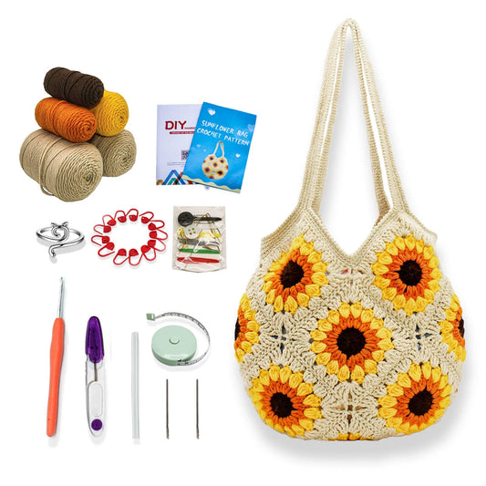 Anbaagsky Crochet kit for Beginners Sunflower Tote Bag Granny Square Crochet Tote Bag with Step-by-Step Video Tutorials Knitting Kit Beginner Crochet Kit for Adults