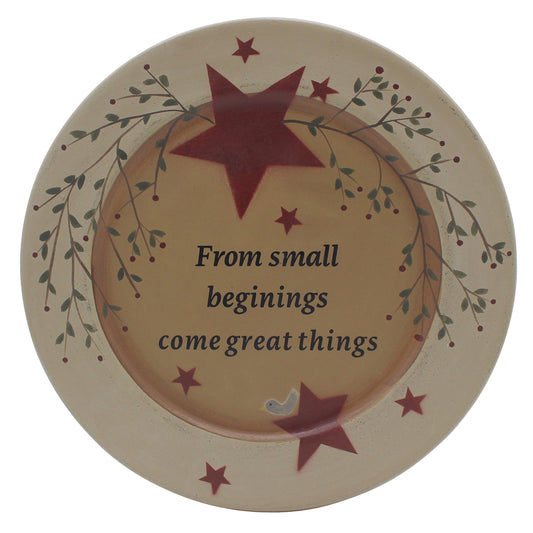 CVHOMEDECO. Primitives Vintage “from Small Beginings, Come Great Things” Wood Decorative Plate Round Display Wooden Plate Home Décor Art, 13-1/4 Inch
