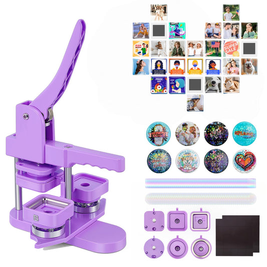 Button Maker Machine, Square & Round Button Badge Press Kit- 50pcs Square Magnet Button(2'' x 2'') + 50pcs Circle Pinback Button(58mm), Button Press Making Kit for Parties, Events, Business, School