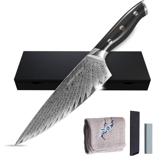 Master Maison 8" Damascus Steel Chef Knife: Full-Tang Black Handle with Japanese Mosaic Rivet, AUS-10 Ultra-Sharp Stainless Steel Japanese Chef Knife, Damascus Chef Knife, Wooden Storage Box & Extras