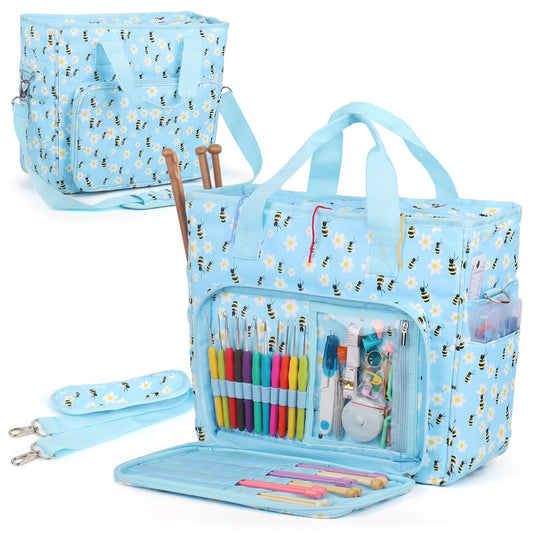 Yarn Storage Organizer Travel Crochet Bag, Large Capacity Tote Bag Knitting Bag for Carrying Projects, Knitting Needles, Crochet Hooks and Yarn, Blue Floral and Bees