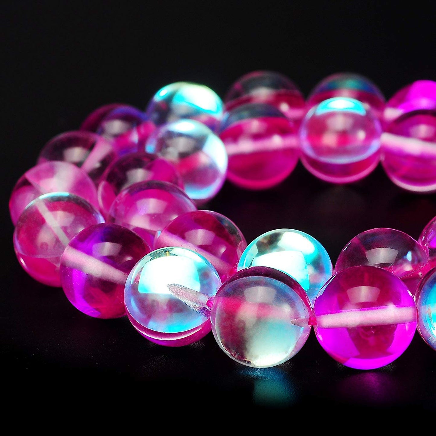 RUBYCA Round Moonstone Crystal Glass Beads Aura Iridescent for Jewelry Making (1 Strand, 10mm, Pink)