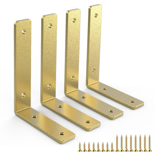 Gold Heavy Duty Shelf Brackets 6 Inch, Rustic Gold Iron L Shelf Bracket, Industrial Modern Metal Floating Shelf with Hardware for DIY Open Shelving, 4 Pack
