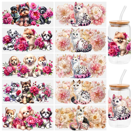 10 Sheets Dogs and Cats UV DTF Transfer Stickers, for Libbey Glass Tumbler, Waterproof Decals, Plastic Adhesive Label for Bottles and Cups Decor