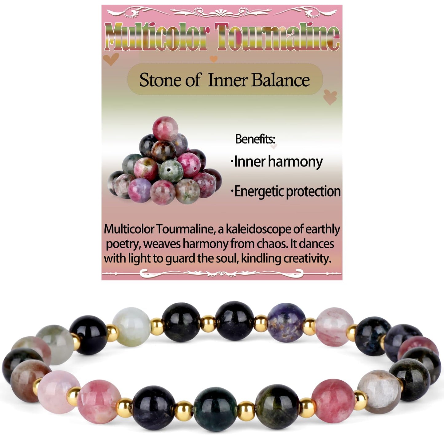 QOGIR Multicolor Tourmaline - Stone of Inner Balance - 14K Gold Plated Beads Natural Gemstone Stretch Elastic Dainty Healing Beaded Bracelets Gifts 6mm