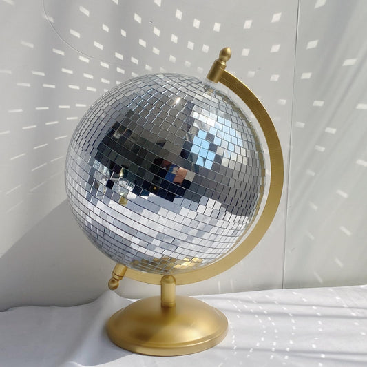 MFGDISCO Disco Ball Globe, Home Decor Statues, Classic Tabletop Art Sculpture with Metal Base, Discoball Unique Western Modern Decorative Aesthetic Sculptures, 8.5" x 8" x 12", Bright Gold