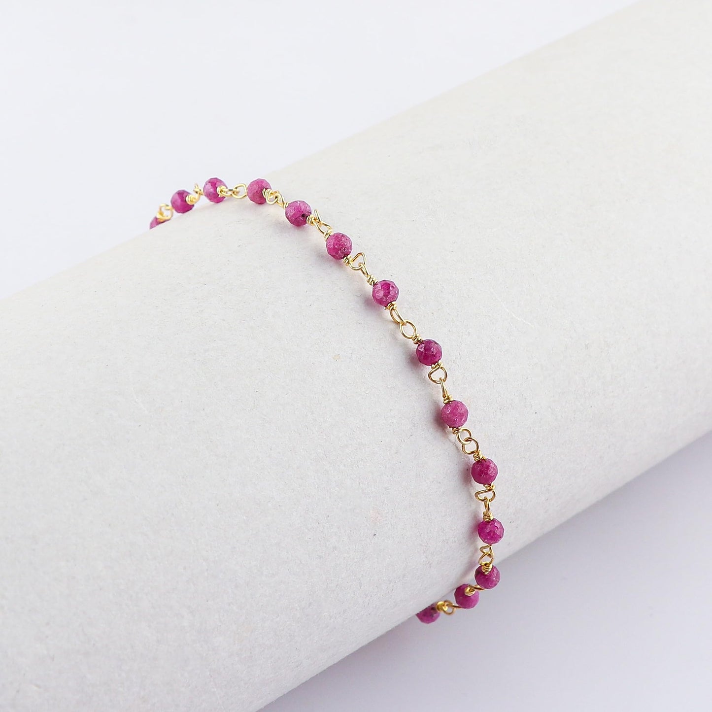 CRYSTALINES Natural Ruby Gemstone Beads Bracelet Handmade Hypoallergenic Gold Plated Jewelry for Women Microfaceted Crystals Beaded Rosary Chain July Birthstone Cluster Bracelet, 7+1inch