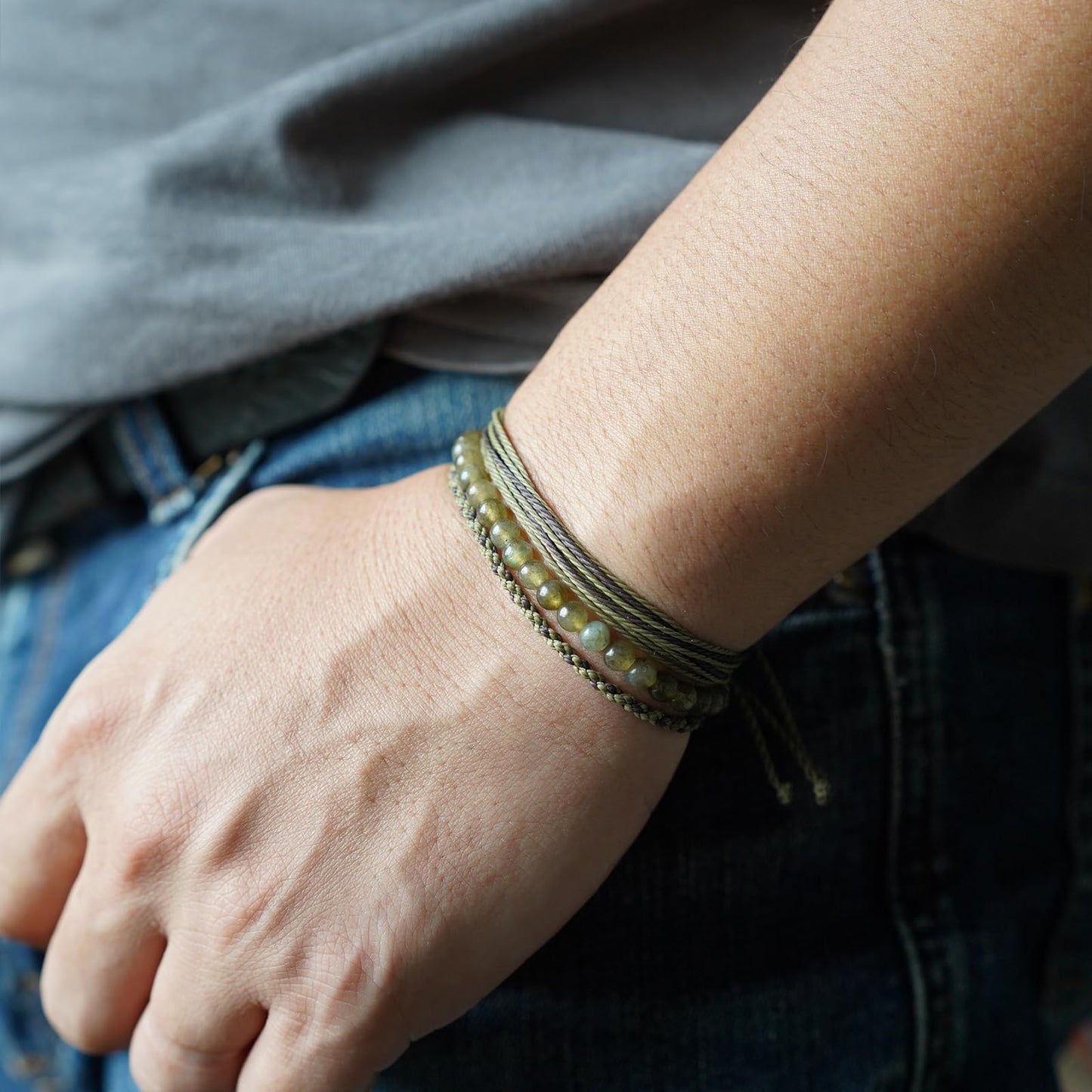 Handmade Natural Stone Beaded Healing Bracelet Gift for Men Adjustable Rope String Bracelet (Green Labradorite, Adjustable)