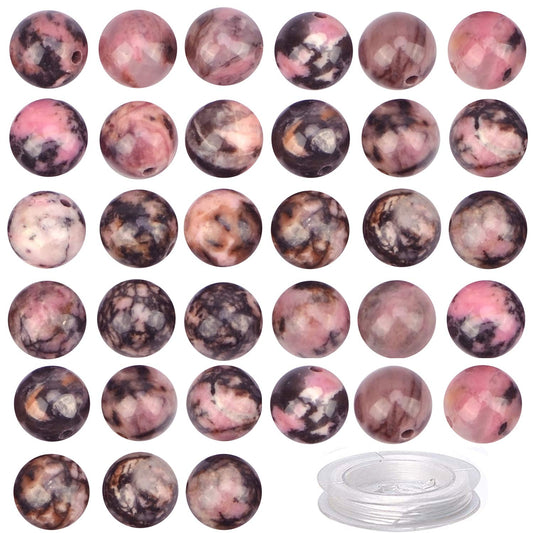 100PCS Gorgeous Black Stripe Rhodonite Natural Gemstone Loose Beads 8mm Smooth Round DIY Bracelet Necklace for Jewelry Making (Pink Black Rhodonite, 8MM)