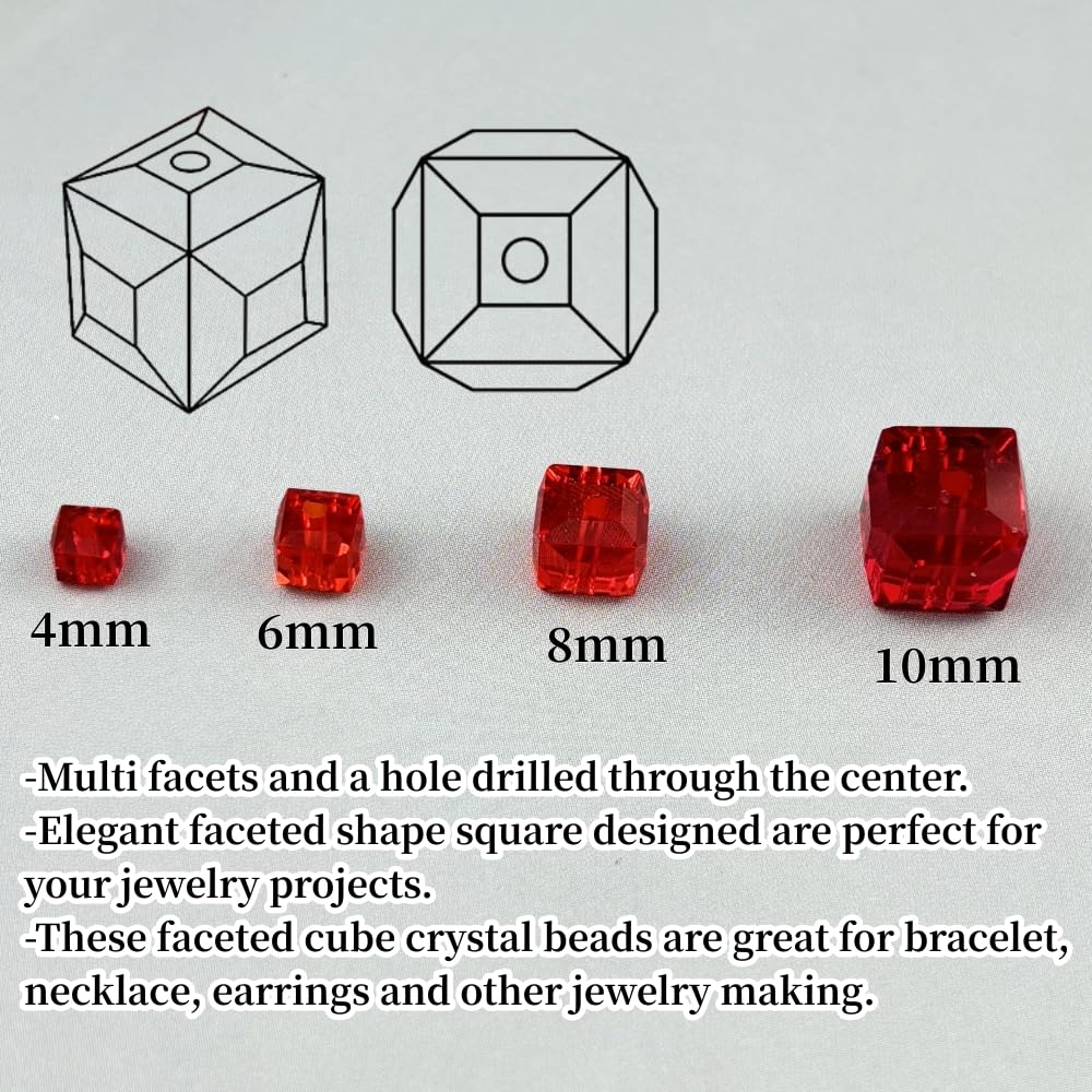 YUEXIGO 200pcs 4mm Cube Crystal Glass Beads for Jewelry Making Faceted Square Crystal Glass Bead Spacer Beads Loose Beads for Bracelet Earring Necklace DIY Craft(Red)