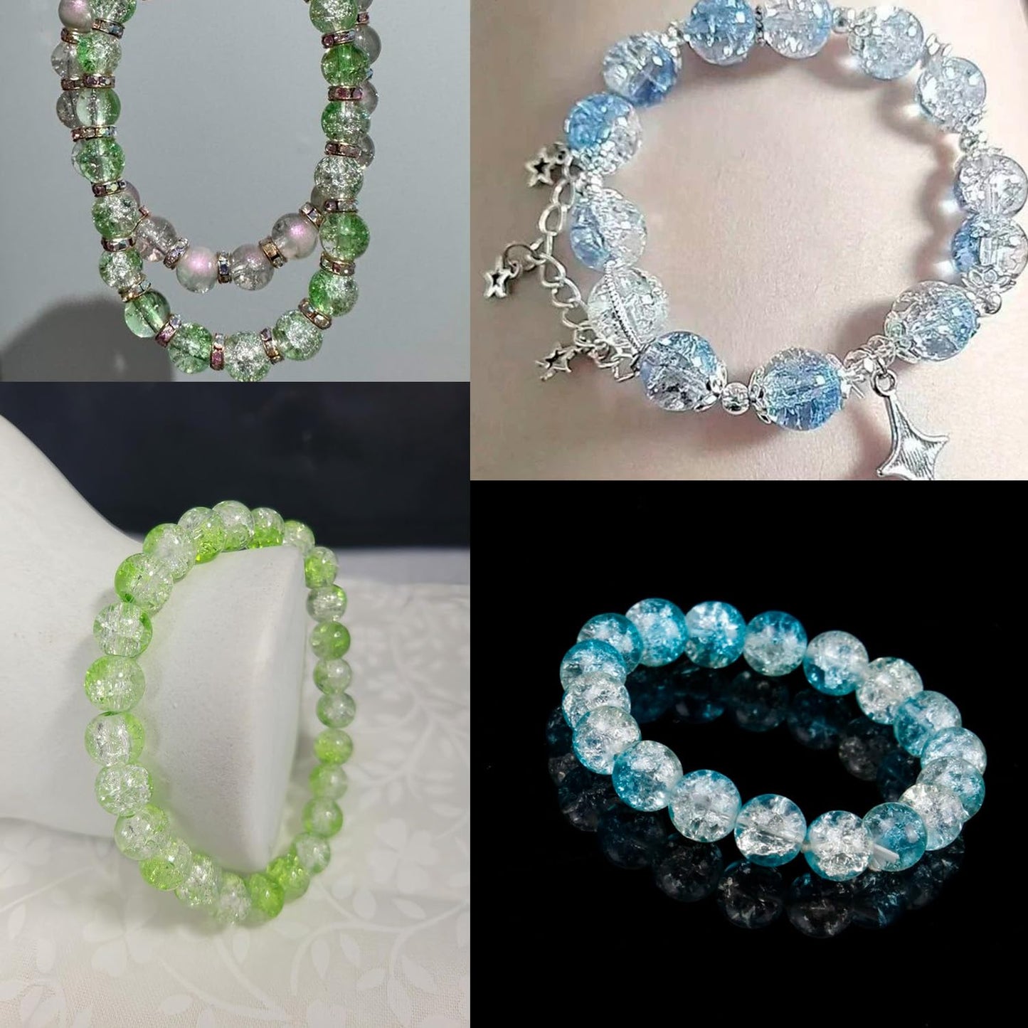 CRZSEELL 300pcs Crackle Glass Beads, 6mm Blue and Green Crystal Round Beads for Jewelry Making, Loose Bulk Crafts Bead for Earrings Necklaces Bracelets