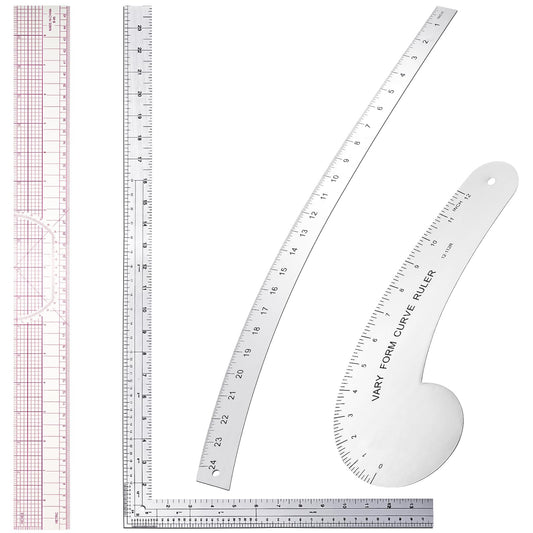 Xuhal 4 Pcs Back to School Fashion Sewing Ruler with French Curves Aluminum Designers Ruler Kit Includes Curve, Hip, L Square and Plastic Grading for Design Crafts Sewing