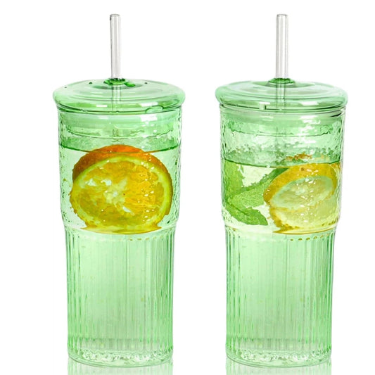 QWEZXO 20 OZ Glass Cup with Lids and Glass Straws, High Borosilicate Iced Coffee Glass Tumblers with Lid and Straw for Drinks, 2pcs Reusable Wide Mouth Smoothie Cup(Green)