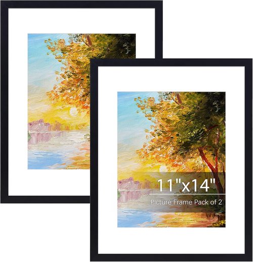 Fixwal 11x14 Picture Frame Set of 2 - Black Wall & Tabletop Frames with Mat for 8x10 Photos