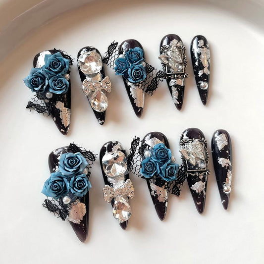 10pcs Handmade Press on Nails Long Stiletto False Nails Black Fake Nails with 3D Blue Flower Rhinestones Bow Designs Sparkly Charm luxury Artificial Nails Reusable for Women (Size M）