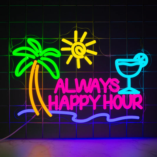 NINSNINT Always Happy Hour Neon Sign, Dimmables Beach Neon Signs for Wall Decor, Palm Tree Led Light Up Signs for Bedroom Bar Club Pub Man Cave Restaurant Party Decorations