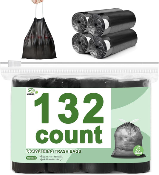 Skiennix 4 Gallon Drawstring Trash Bags - Tear-Free Bathroom & Office Wastebasket Liners | 132 Count, Black
