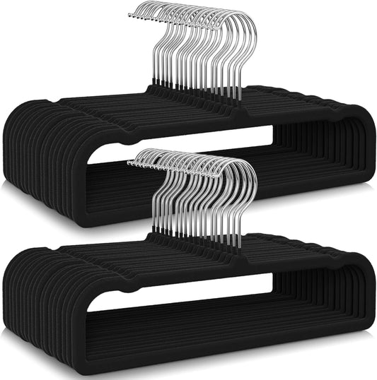 Skiennix 50 Pack Black Velvet Hangers - Non-Slip, Space-Saving Design with 360° Swivel Hook for Pants & Skirts