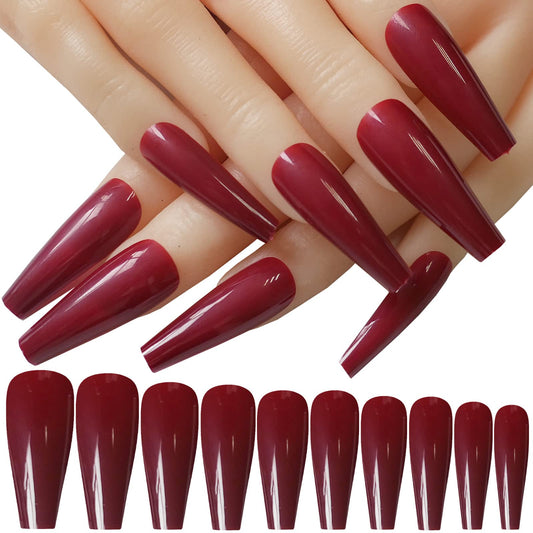 100pc Colored Coffin Press on Nails Glossy Red Long Ballerina False Nails Full Cover Nail Tips Manicure Decor Artificial Fingernails 10 Sizes (Dark Red)