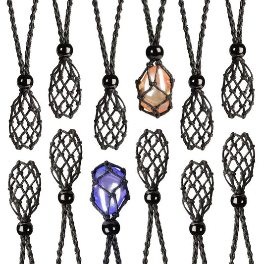 Anjiucc 12 PCS Black Color Crystal Cage Necklace Cord Empty Stone Holder Pendant Stone Holder Replacement Hand-Woven Necklace Cord with Adjustable Length