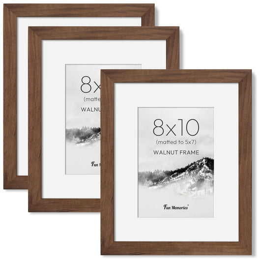 8x10 Picture Frame, USA-Sourced Walnut Wood Photo Frames 8 by 10 with HD Tempered Glass, 8 x 10 Wood Frames for Home Decor, Rustic 8x10 Frame Matted to 5x7, Wall & Tabletop Display, 3 Pack