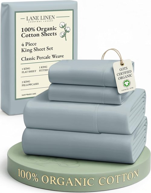 LANE LINEN 100% Organic Cotton King Size Bed Sheets - Soft, Comfy Percale Bedding Set in French Blue