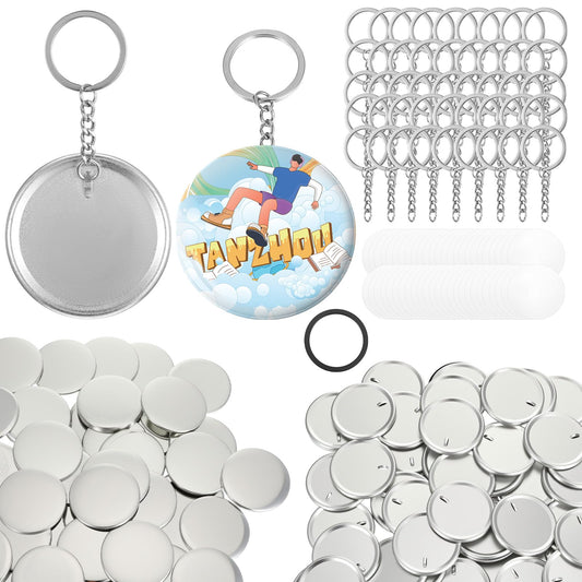 100 Sets Button Maker Keychains Supplies 58mm/2.25 inch Button Making Supplies for Metal Buttons Keychain Maker Machine with Shell Back Cover Film Chain Head