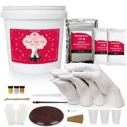 Falling in Art Hand Casting Kit Couples - Keepsake Plaster Hand Mold Kit for Family, Kids, Adults with Large Bucket, Gloves, Powder Materials, Color Paints, Wooden Base, Valentine's Day Gift