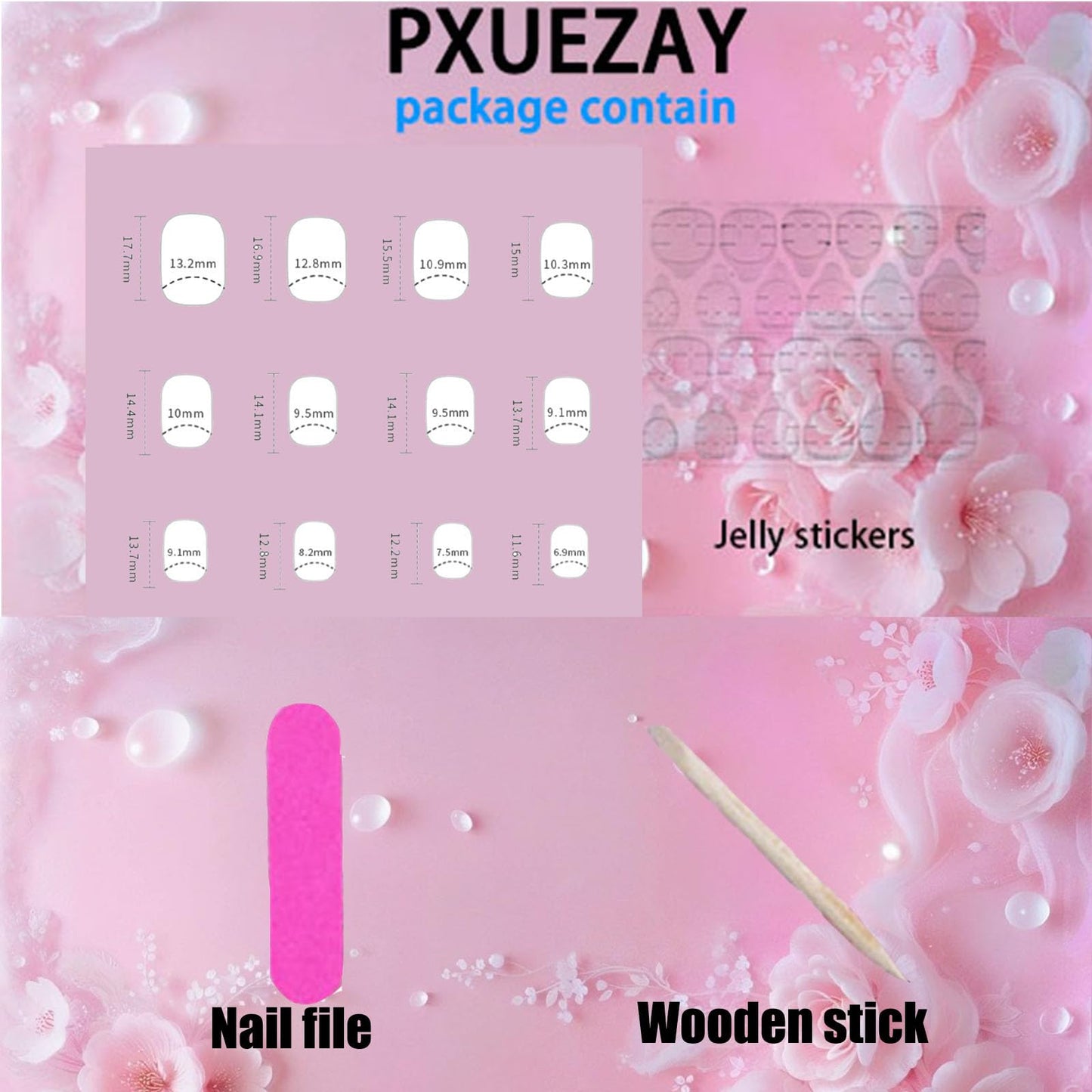 French Tip Press on Nails Medium Fake Nails with 3D Water Droplets Pearl Flowers Lines Designs Almond Nails Press ons Pink Full Cover Reusable Stick on Nails for Women 24Pcs