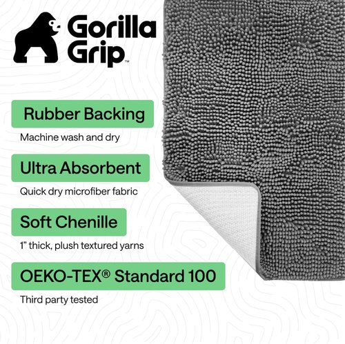 GORILLA GRIP Bath Rug Mat - Soft Absorbent Chenille | Quick Dry Microfiber, 60x17 Inches, Grey