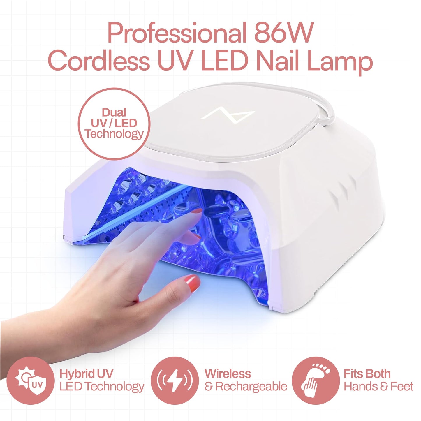 M - GlowPro Professional Hybrid 86W Wireless Rechargeable UV LED Nail Curing Lamp Cordless Nail Dryer for Gel Nails, Manicure, Pedicure (Black)