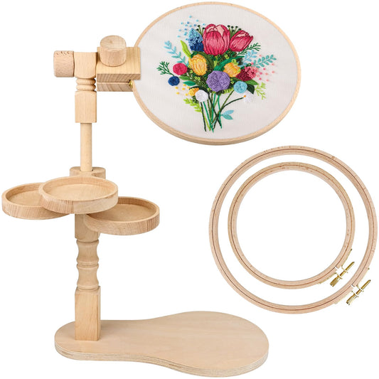 embhand Embroidery Hoop Stand Adjustable - Rotated Embroidery Frame Stand with 6'' 8'' Embroidery Hoops and 3pcs Bowls for Needlework Supplies, Embroidery Hoop Holder, Embroidery Stands for Hand Work