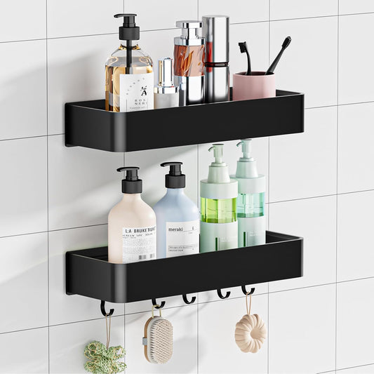 Wisfame Shower Caddy - No Drill Rustproof Aluminum Bathroom Shelf | 2 Pack Large Capacity with 5 Hooks - Black