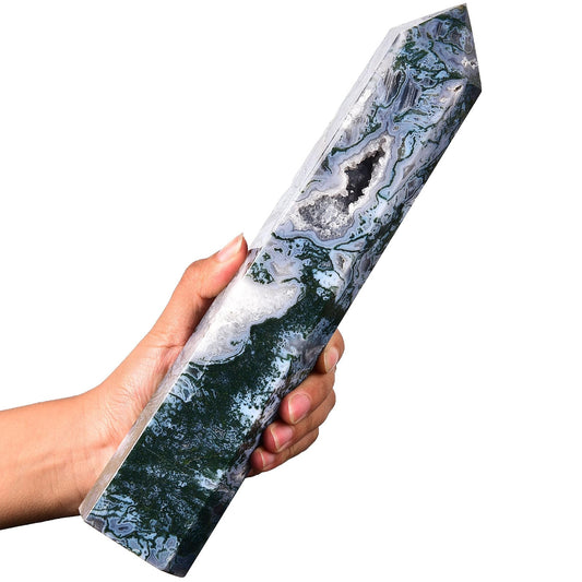 AMOYSTONE Extra Large Healing Crystal Obelisk Towers Moss Agate Point Wand Home Decor Reiki Healing 2.2-2.6LBS