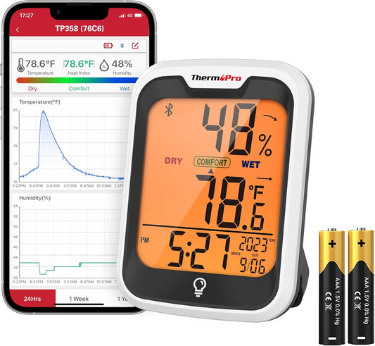 ThermoPro TP358 Bluetooth Thermometer - Smart Temperature & Humidity Sensor with Clock | 260Ft Range