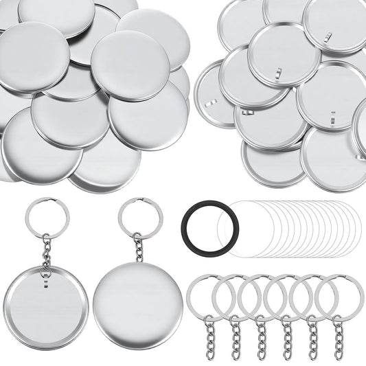 Afcabakila 100 Sets Button Maker Keychains Supplies 58mm/ 2.25 Inch Metal Badge Kit with 1.98 Inch Keychain Ring, Metal Shell, Plastic Film, Backing Parts for Button Maker Machine DIY Craft Gifts