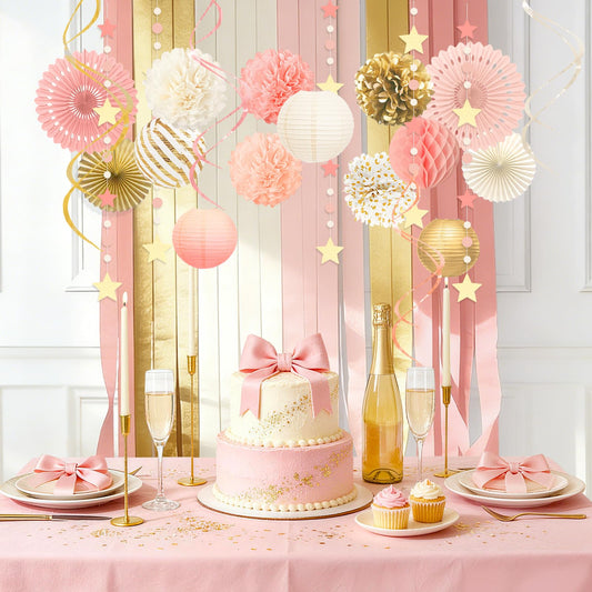 AOBKIAT Pink Gold Party Decorations Kit - 27PCS wirh Pom Poms & Lantern & Fans & Swirls & Garland & Crepe Paper Streamers for Birthday,Wedding,Baby Shower,Bachelorette,Princess Party