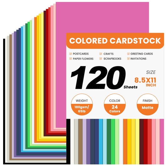 120 Sheets Colored CardStock, 180gsm/65lb 24 Colors Cardstock Print Paper 8.5 x 11 Inches, Double Sided Printed Card Stock Paper for Scrapbook School Office Printing DIY Craft