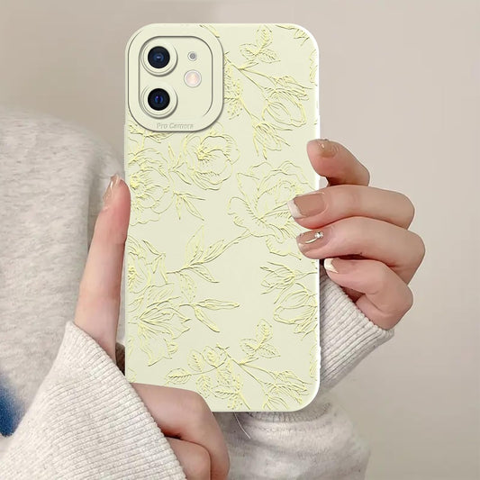 Aoldimu 12 6.1",Aesthetic 12,Beige Cute Flower Phone Case for iPhone Yellow Lines Floral Cases Girly Art Stylish Design