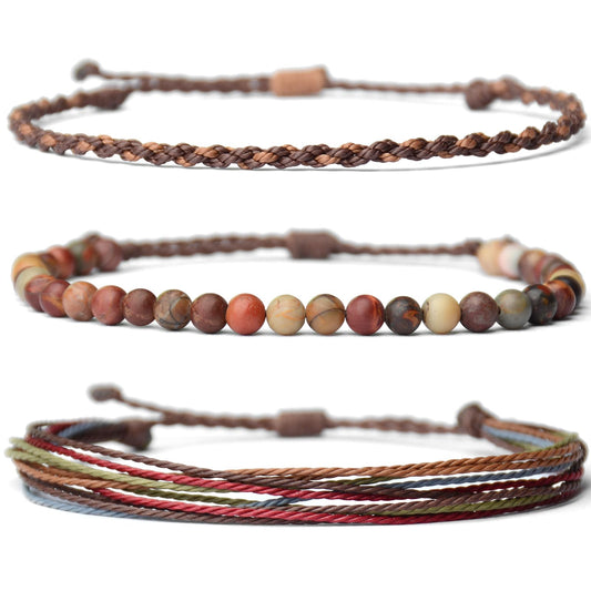 Handmade Natural Stone Beaded Healing Bracelet Gift for Men Adjustable Rope String Bracelet (Red Picasso, Adjustable)