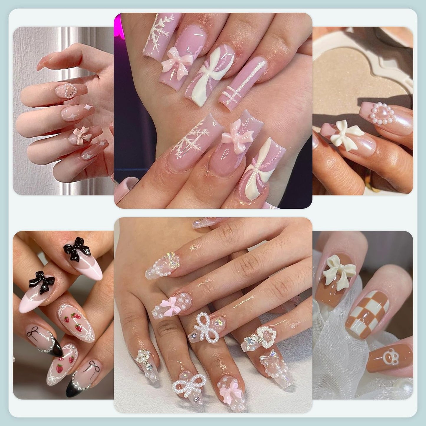 600 Pcs 3D Nail Charms and Flatback Pearls #1, 8 Colors Nail Bows + Pink&White Star Heart Moon Cute Bow Charms + 2-6mm White Pearls for Nail Art Design with Nail Charm Glue(UV Needed) and Pickup Tools