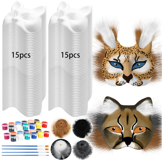 JellyArch 36 Pcs DIY Therian Mask Kit Bulk 30 Blank Animal Mask with Faux Fur Eye Mesh for Christmas Gear Therian(Cat, Fox)