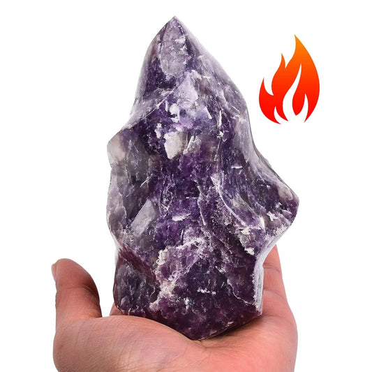 AMOYSTONE Purple Lepidolite Crystals Tower Flame Shaped Stone Energy Meditation Healing Crystal Home Decor 1.5-2.2 Pound