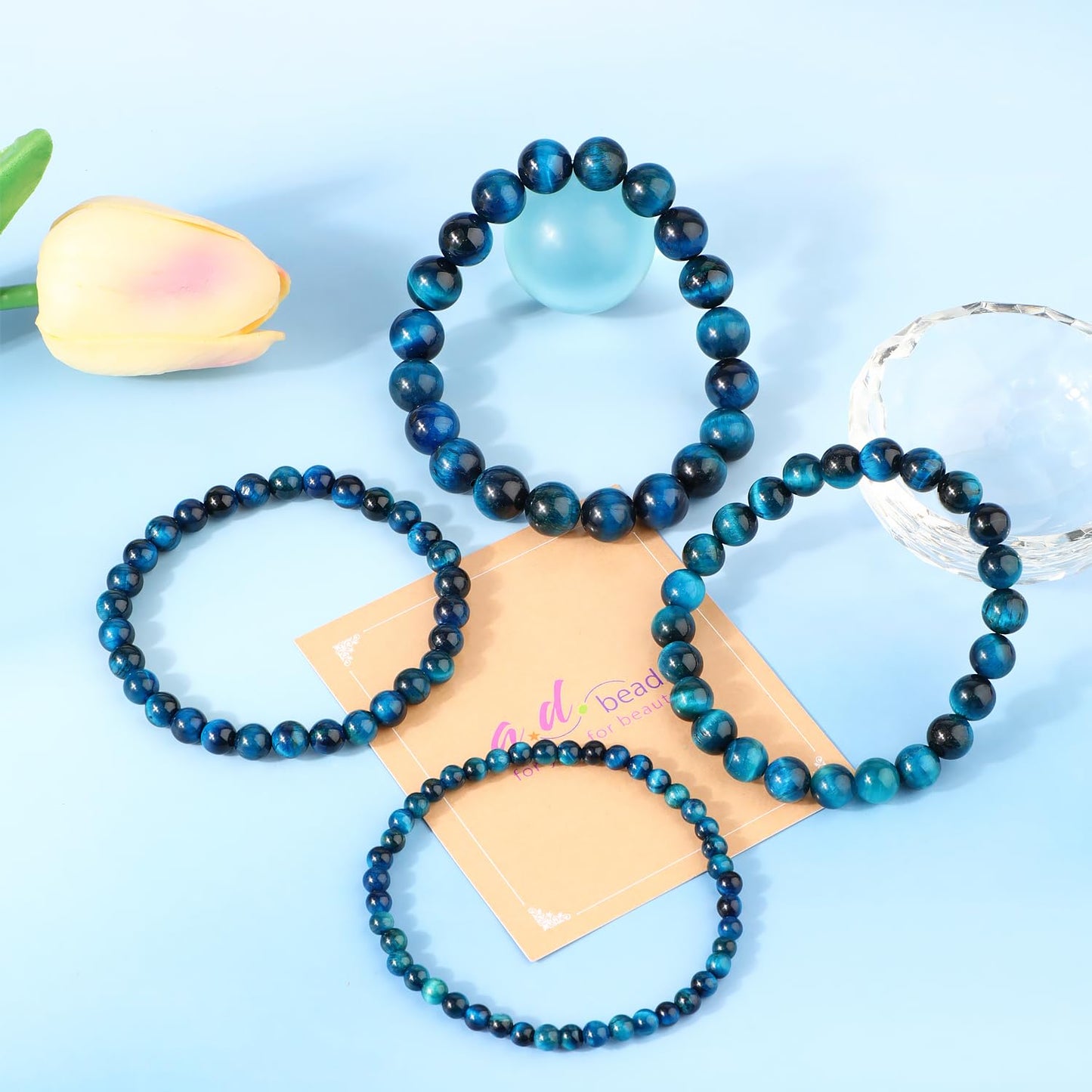 AD Beads 10mm Handmade Blue Tiger Eye Elastic Bracelet – Natural Gemstone for Calm and insight – Meditation, Yoga, Healing and Energy Gift for Men Women